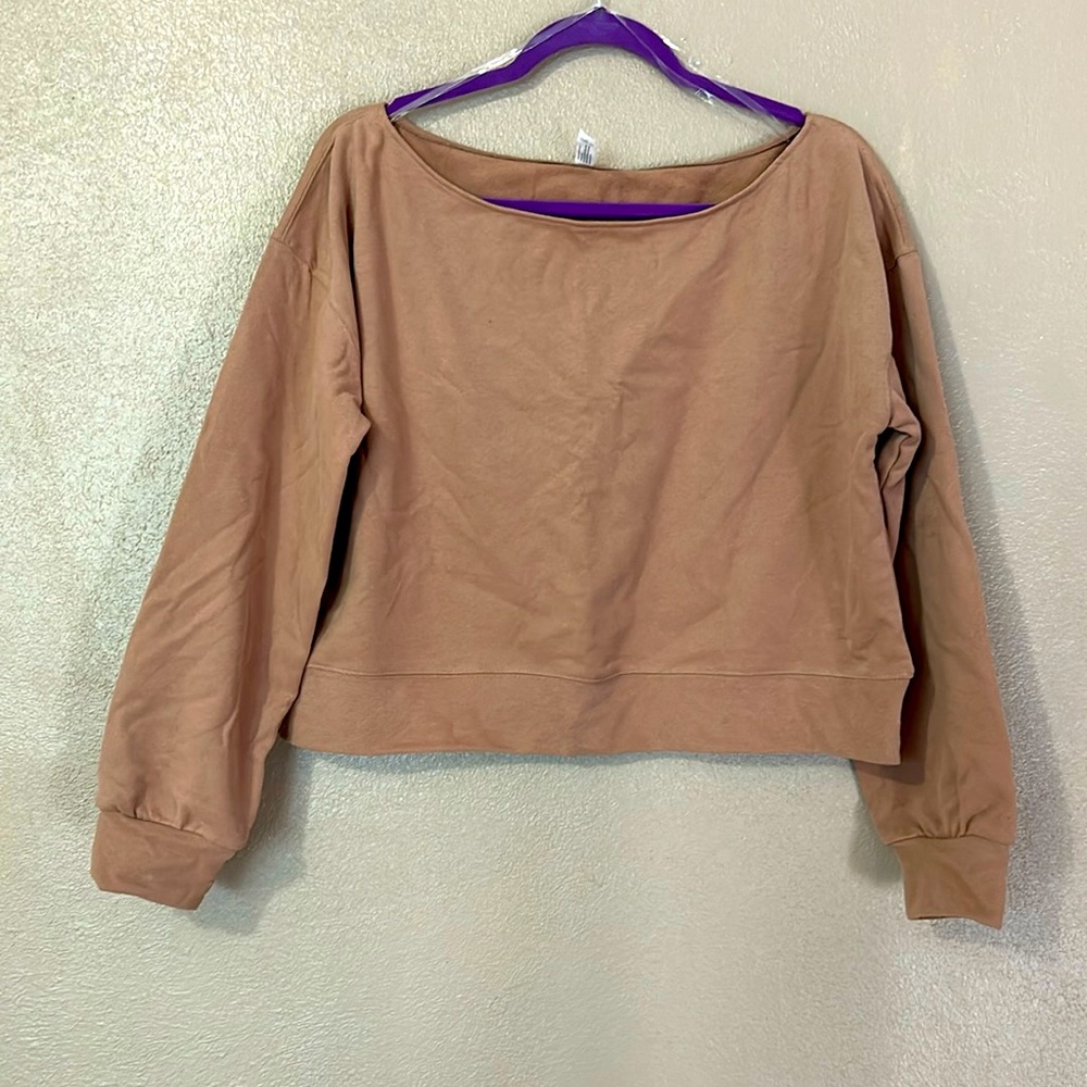Tan Off the Shoulder Crop Sweater. L